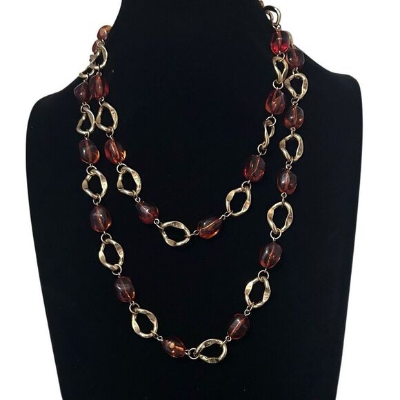 Double Strand Chunky Amber Necklace Women's Gold-tone Hammered Ring Link Chain - Picture 1 of 6